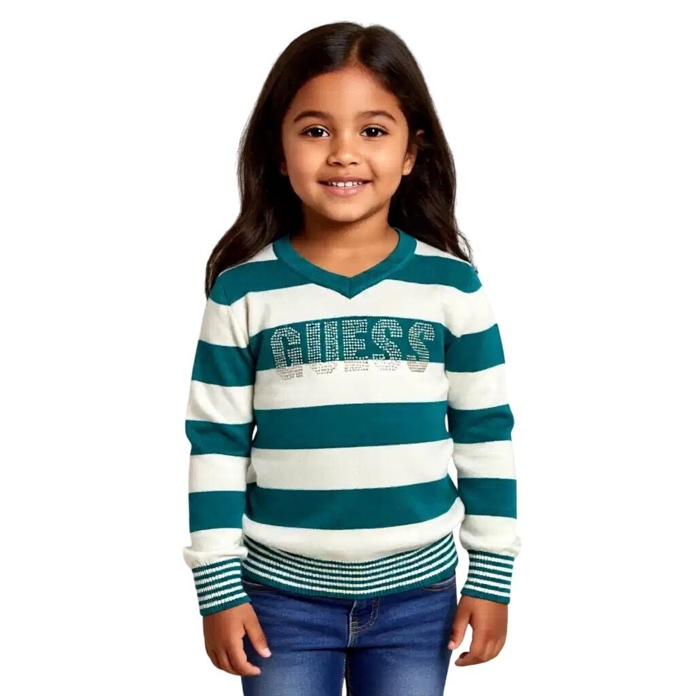 GUESS Girls‎ Teal White Striped Rhinestone Logo V-Neck Cotton Sweater Size 5/6
